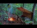 4 days solo bushcraft camp: Wild camping in the rain, wood bed, tarp shelter, woodworking PART: 1