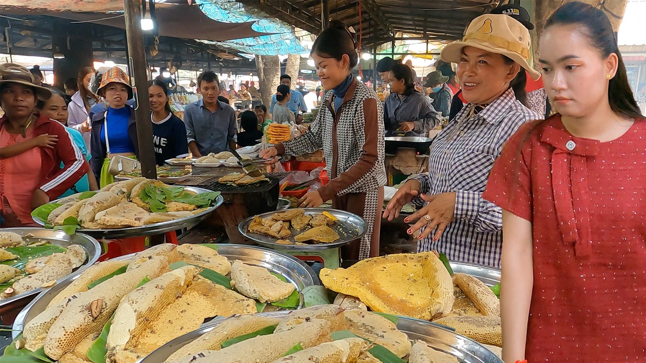 Most Popular KHMER STREET FOOD in the Countryside | Grilled Honeycombs, Fish Patty & Pickled Fruits