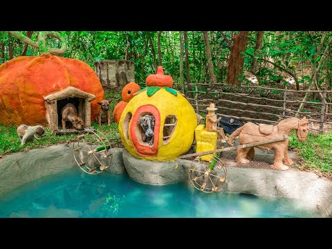 Puppies Rescued Building Mud Dog Carriage on Swimming Pool for Dog Playground