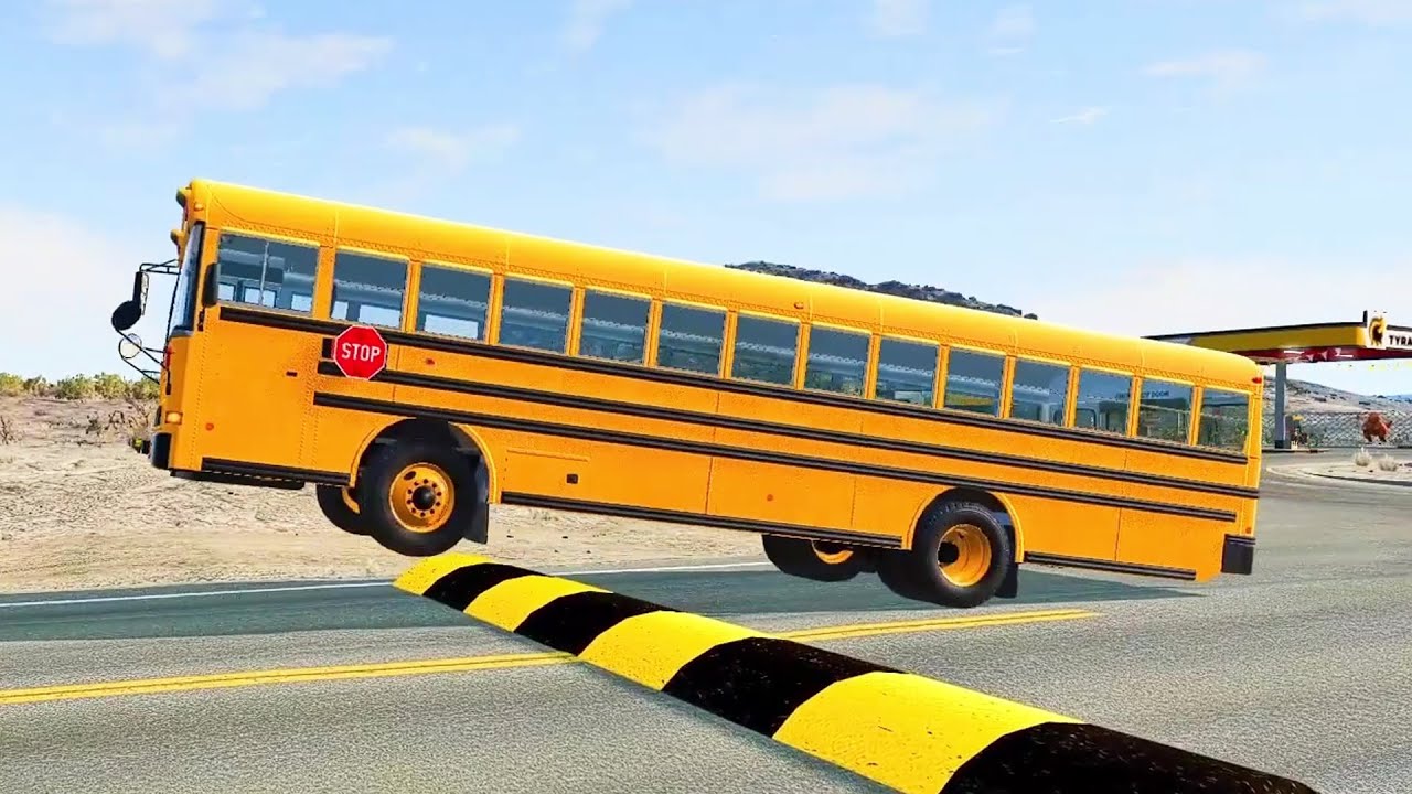 SCHOOL BUS, CITY BUS, LONG BUS Vs MASSIVE SPEED BUMPS - BeamNG.Drive