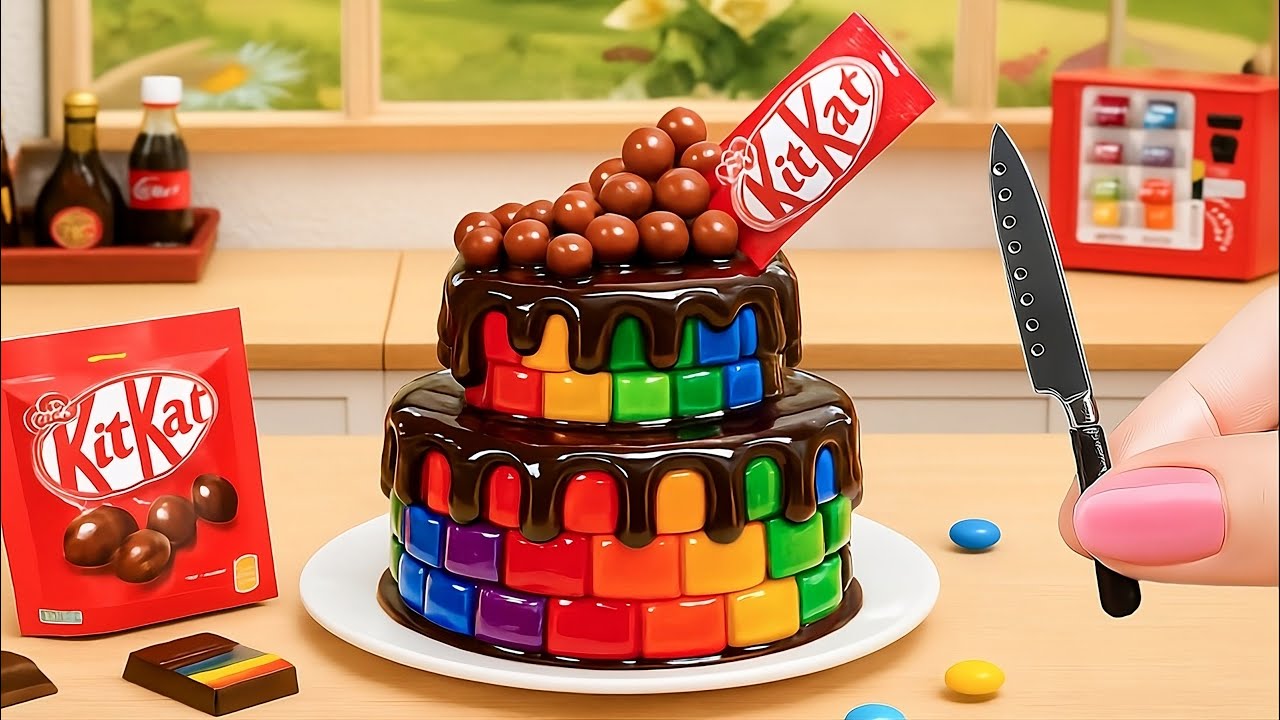 Mini Rainbow KitKat Candy Cake 🍫🌈 | Glossy 2 Tier Chocolate Drip Cake ...