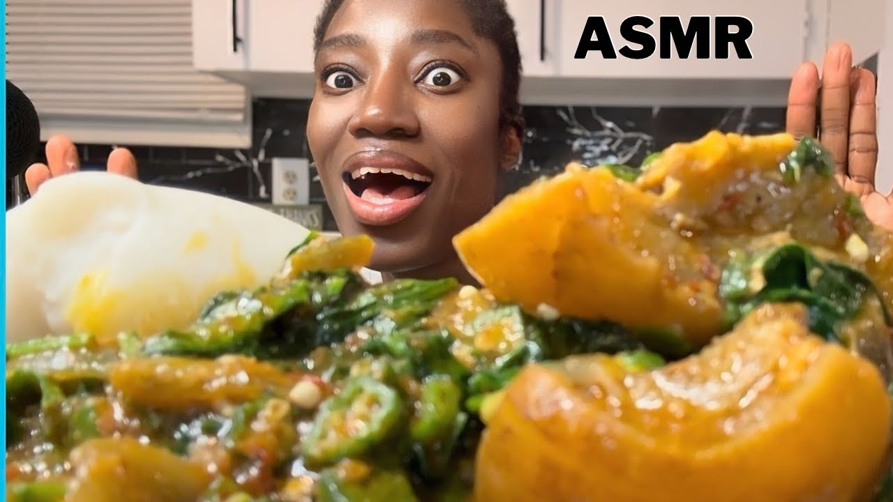 Cook and eat with me, african fufu eating challenge, asmr eating mukbang videos, Massive okro soup 