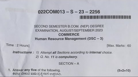 Human Resource Management B.com 2nd Semester NEP Question Paper Year 2023 Bijapur University