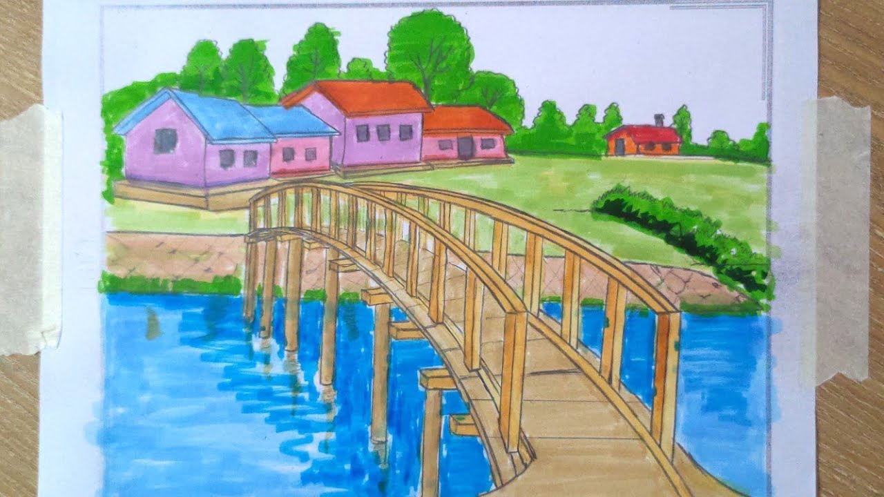 How to draw landscape / scenery of river bridge & houses / step by step ...