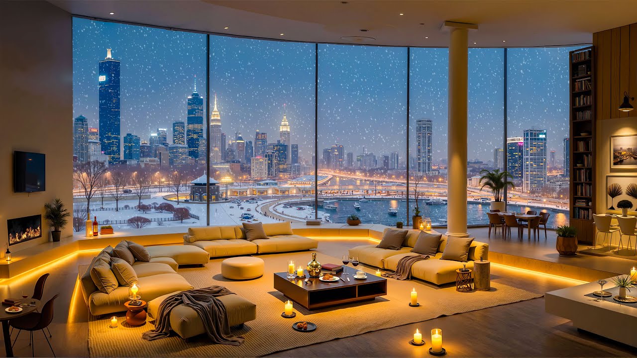 4K Peaceful Snowy in Luxury Apartment Ambience | Relaxing Jazz Night Music for Studying, Working