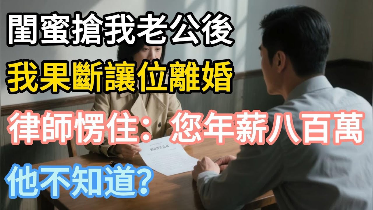【完結】閨蜜搶我老公後，我果斷讓位離婚，律師愣住：您年薪八百萬，他不知道？