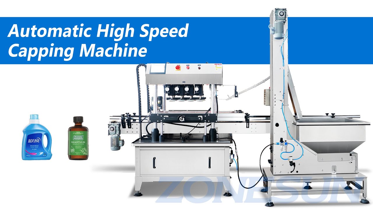 Inline Automatic Screw Capping Machine With Cap Feeder - YouTube