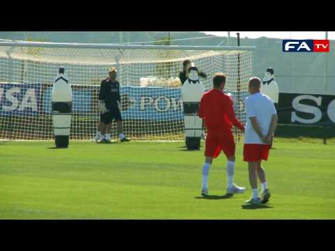 FATV - See some of the England players enjoy a game of kick ups, David Beckham joins the training session and Gareth Barry does some intensive work on his own. Matthew Upson was the only man absent from England's training session on Sunday morning at their Bafokeng headquarters. The West Ham centre-back had a high temperature had prevented him from taking part in Saturday's session. Subscribe to the official England team channel on YouTube for all the latest news and behind the scenes action as England try and win the 2010 football World Cup in South Africa.