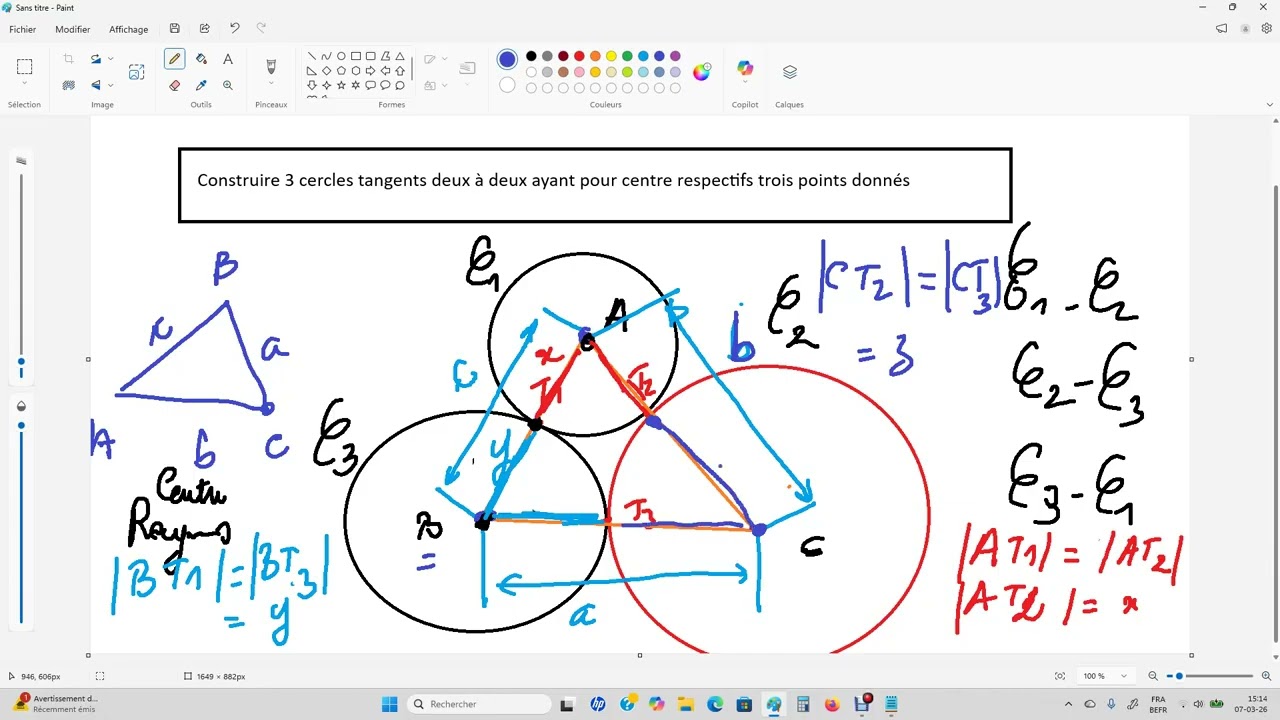 Construire 3 cercles tangents deux à deux ayant pour centre respectifs trois points donnés