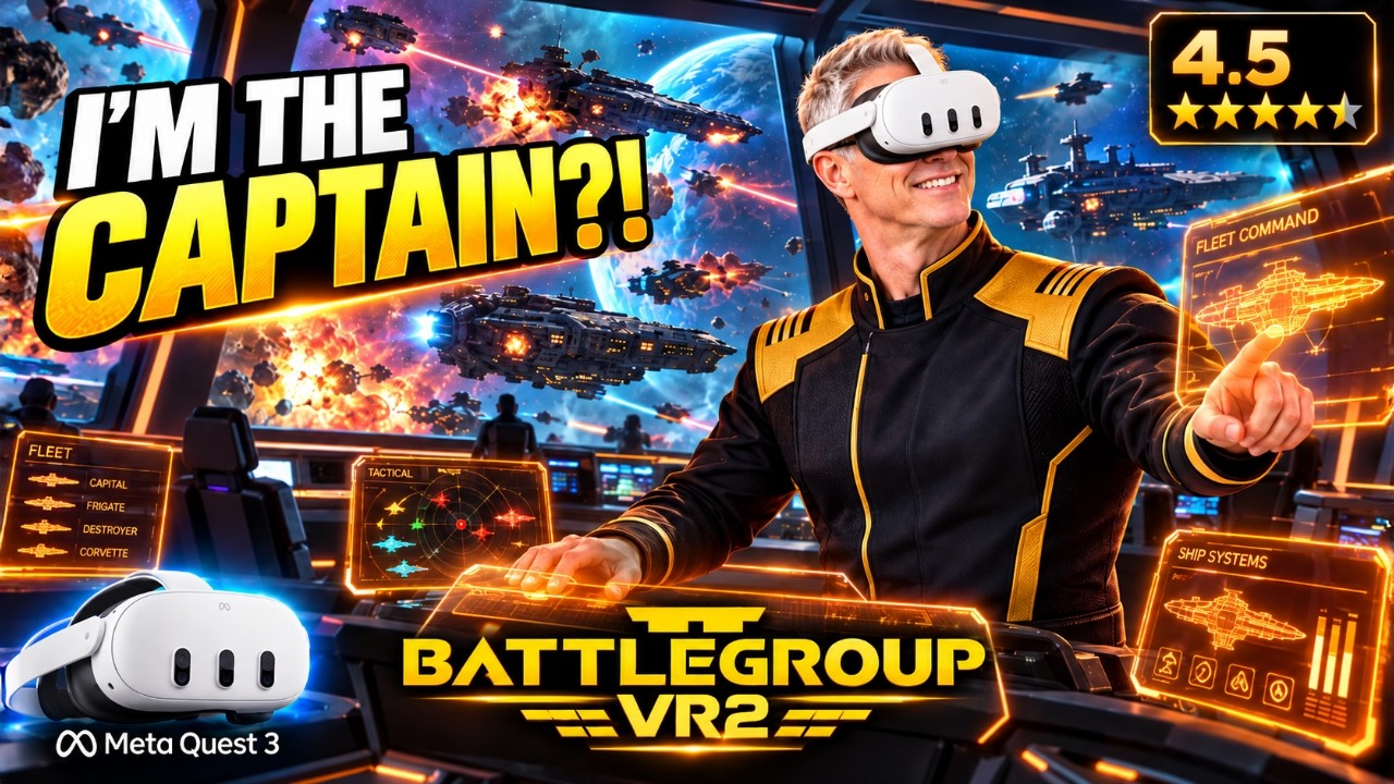 BattleGroupVR2 thumbnail showing a person wearing a Meta Quest 3 headset on a futuristic starship bridge, commanding a space battle with fleet control displays, a 4.5 rating and the words I’m the Captain?!