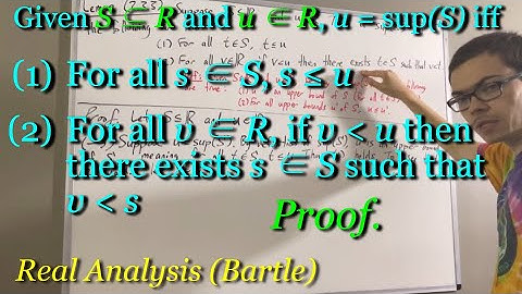 u = sup(S) iff for all v ∈ R, if v ﹤ u then there is some s ∈ S such that v ﹤ s, & u is upper bound