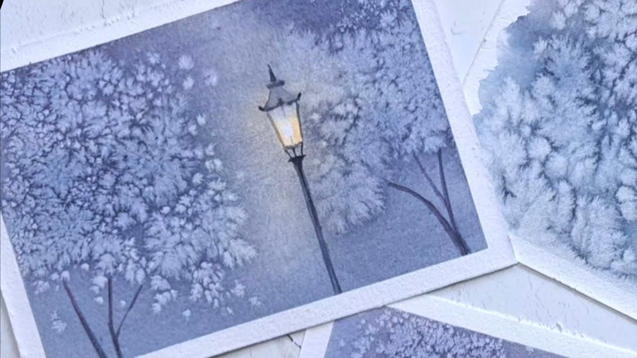 Простой урок рисования зимней ночи акварелью для начинающих.