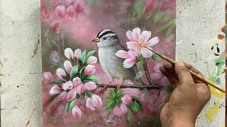 How to draw a bird with Acrylic colors step by step , Sparrow bird painting tutorial for beginners.