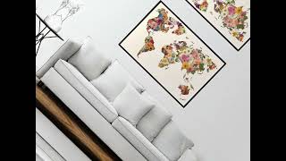 Merge art and geography with stunning world map flower art prints!