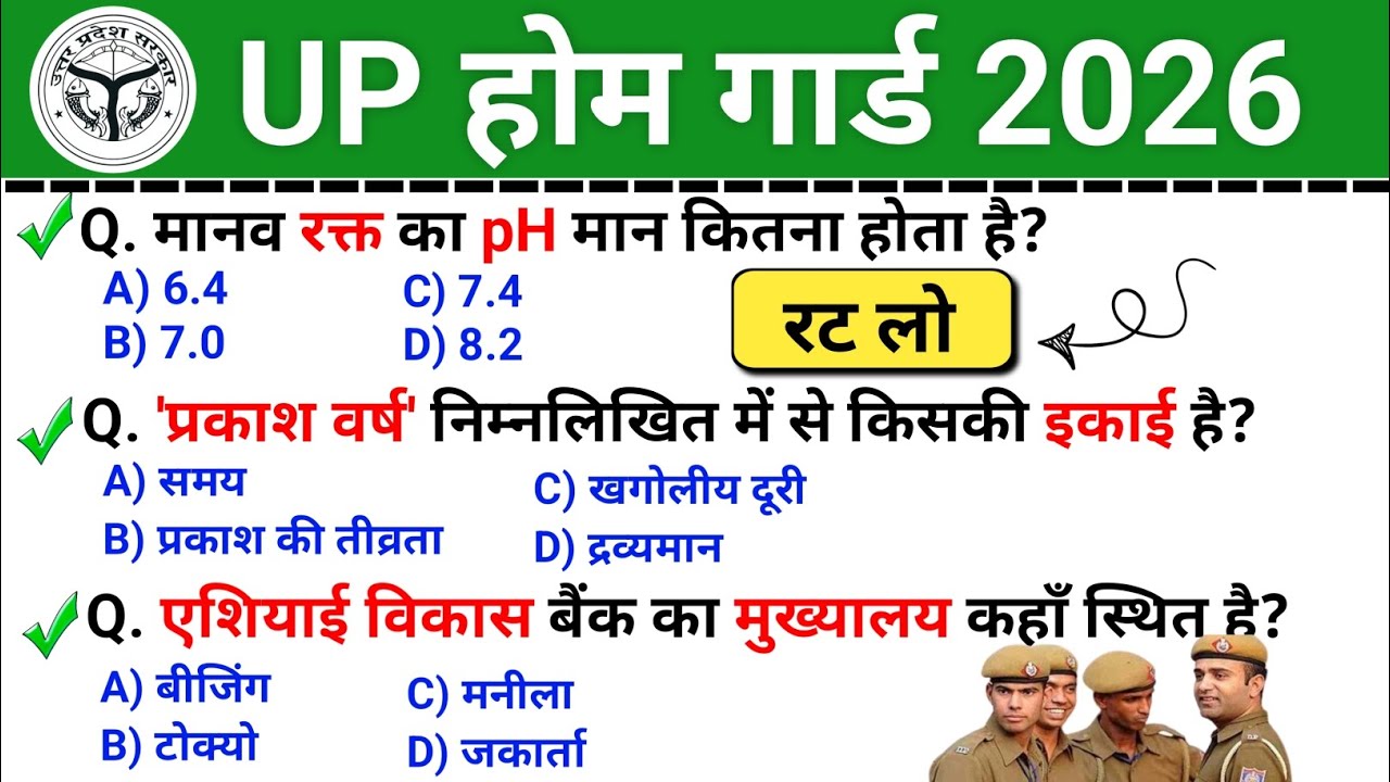 Top 50 Questions Answers MCQ | UP Home Guard GS | 