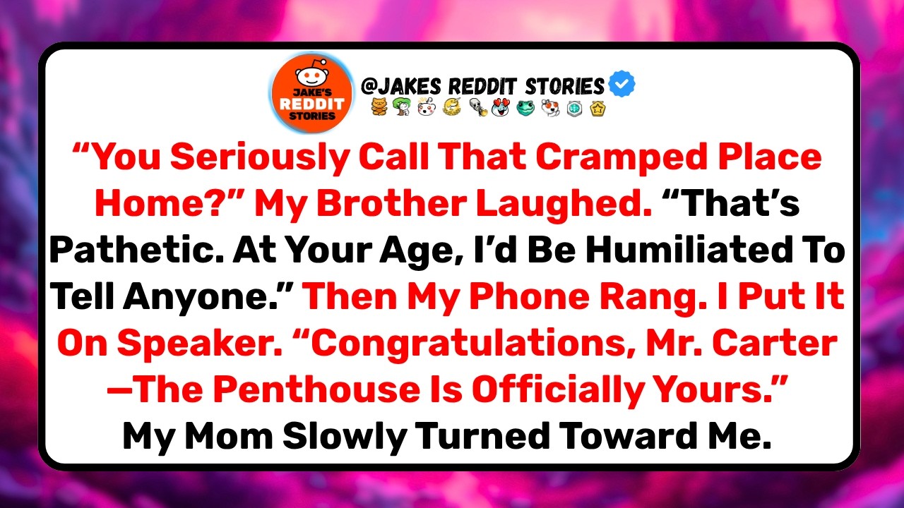 The dinner table went quiet, but my brother just kept going. “You seriously call that cramped place home? At your age, I’d be humiliated to tell anyone.” My mom nodded along like he was making...
