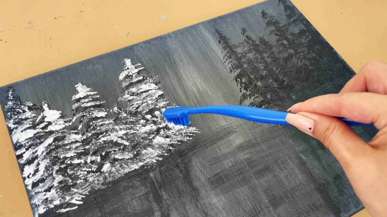 Как нарисовать черный, белый и золотой зимний пейзаж/Техника рисования акрилом/Легкий рисунок