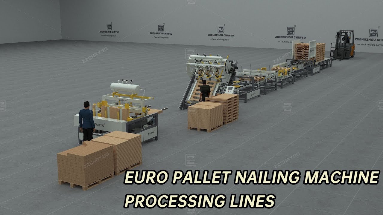European Standard Wood Pallet Assemble Making Nailing Pressing Machine Production Line in 3D Display