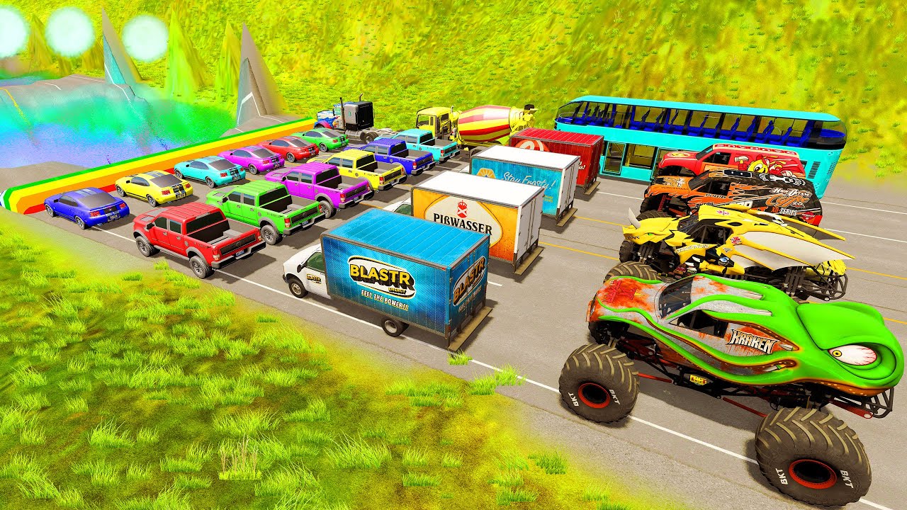 HT Gameplay Official # 99 | High Speed Monster Trucks & Bus Light vs Giant Speed Bumps Lava Pit Fail