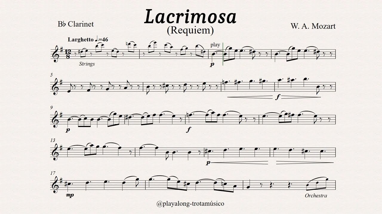 Clarinet Playalong - Lacrimosa Requiem (Mozart) Bb Sheet music with Orchestra & Choir accompaniment