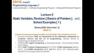 CS112 Programming Languages 1 | LECT 5: Static Var., Pointers Revision & Solved Examples | in Arabic