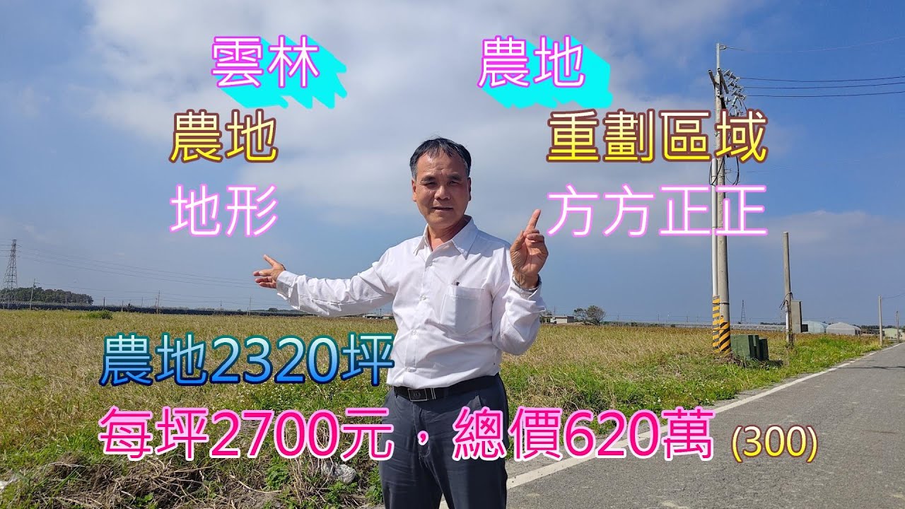 (300) 每坪2700元，總價620萬。雲林水林鄉大山段農地，農地重劃區域，地形方方正正，面66米，深115米，2320.17坪，  (300)