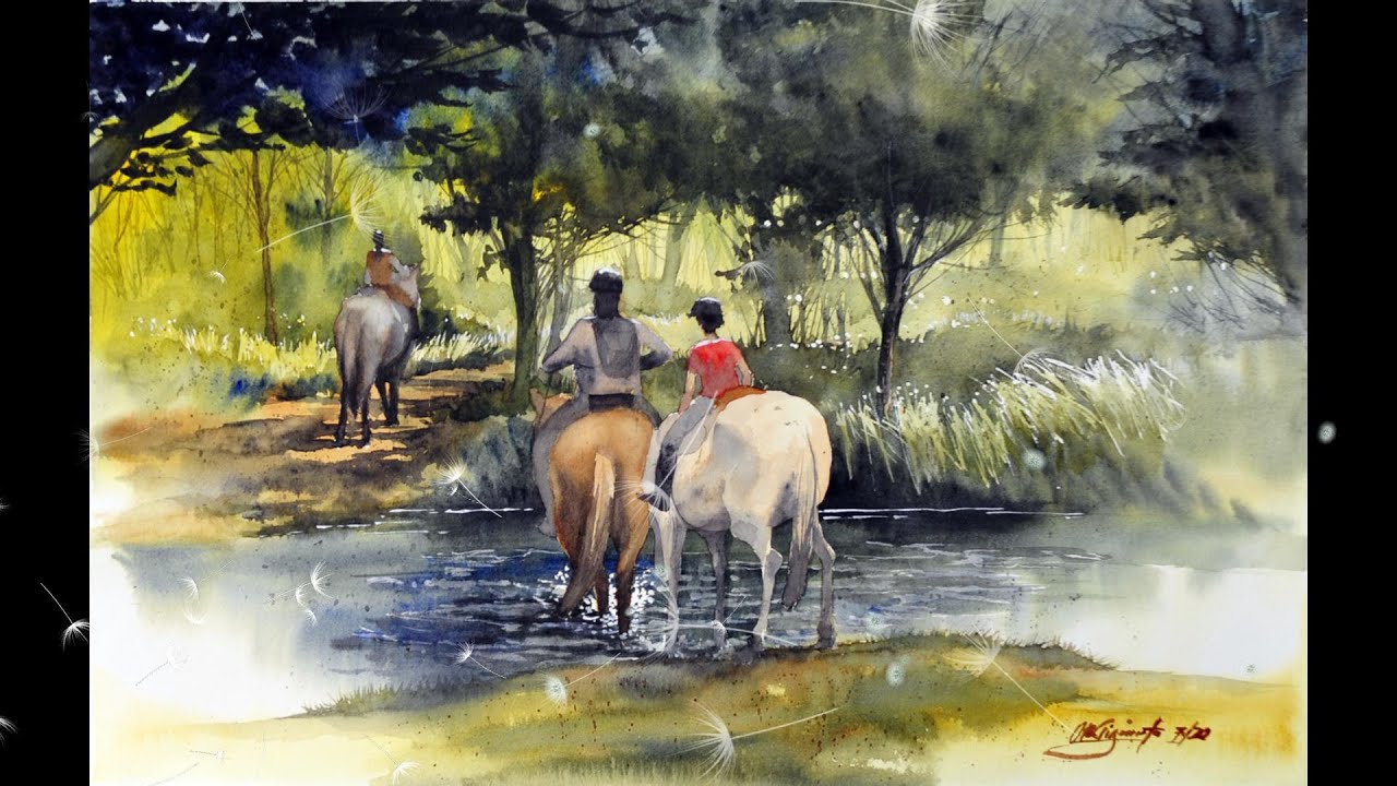 Painting a loose landscape with animals in watercolor 🐎🐎🐎 - YouTube