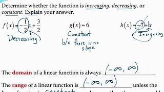 Determining whether a linear function is increasing, decreasing, or constant and domain/range