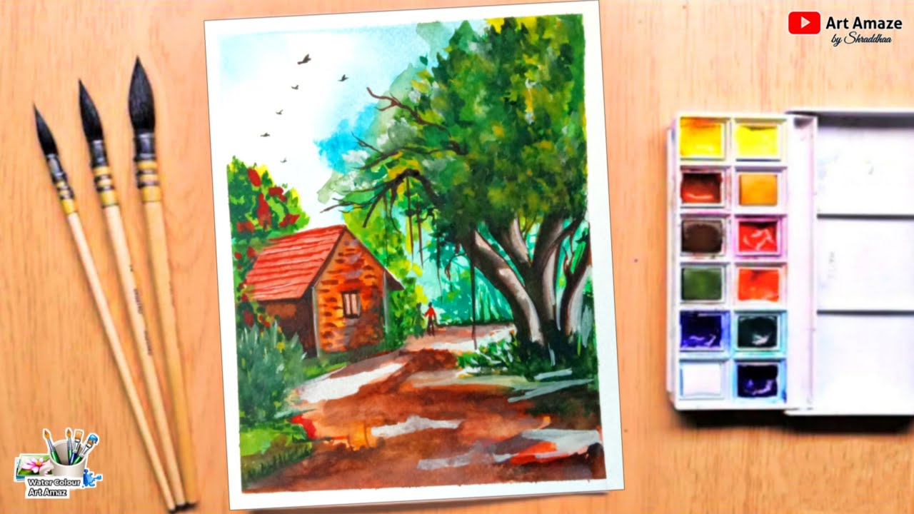 Watercolor Painting for beginners | Beautiful Tree and Hut Village ...