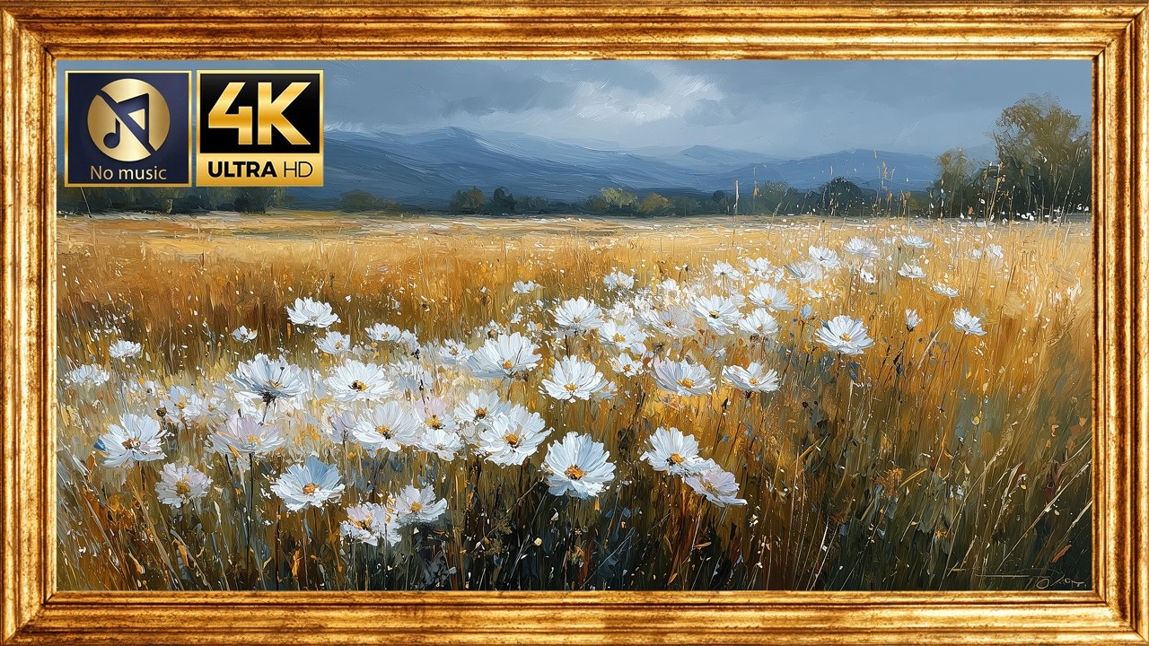 4K Single Image TV Art | White Cosmos Meadow at Dusk | Silent Serenity