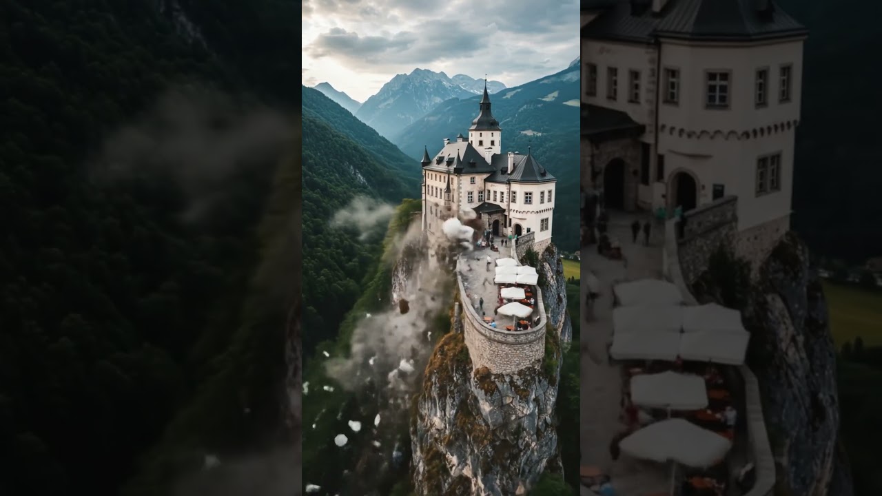 Fairy Tale Castle Disaster: Cliff Collapse Sparks Fiery Mountain Catastrophe!