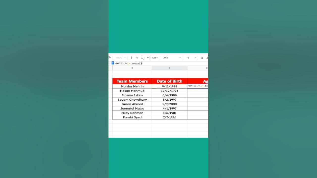 Age Calculation with Datedif Formula Excel Google Sheets YouTube