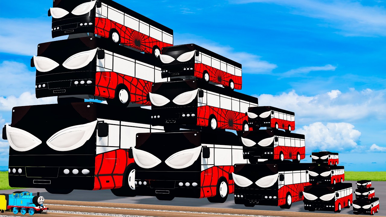 Big & Small Colors Buses Spiderman vs Train Thomas | BeamNG.Drive