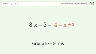 Linear equation with one unknown: Solve 2x-5=4-x step-by-step solution