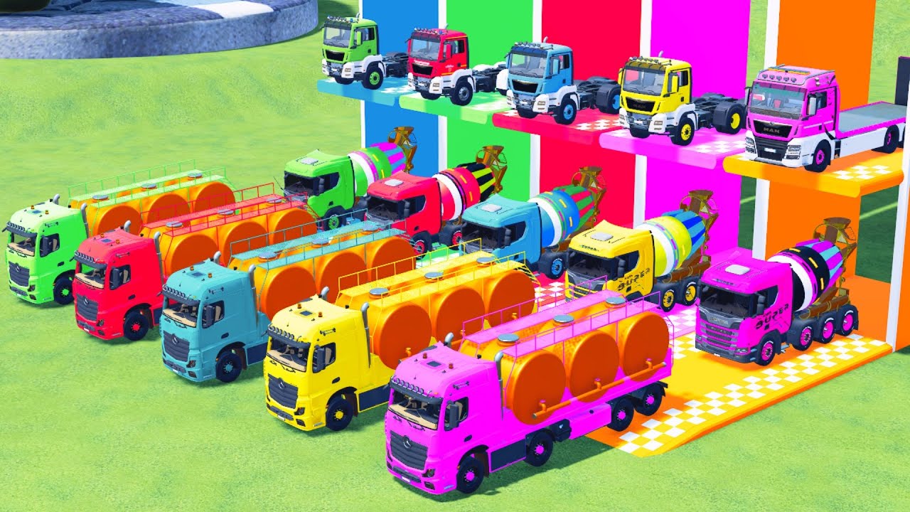 Garage with Colors - ALL MIXER TRUCK WITH DOUBLE FLATBED TRAILER TRUCK, SCANIA, PHOENIX, TATRA - FS2
