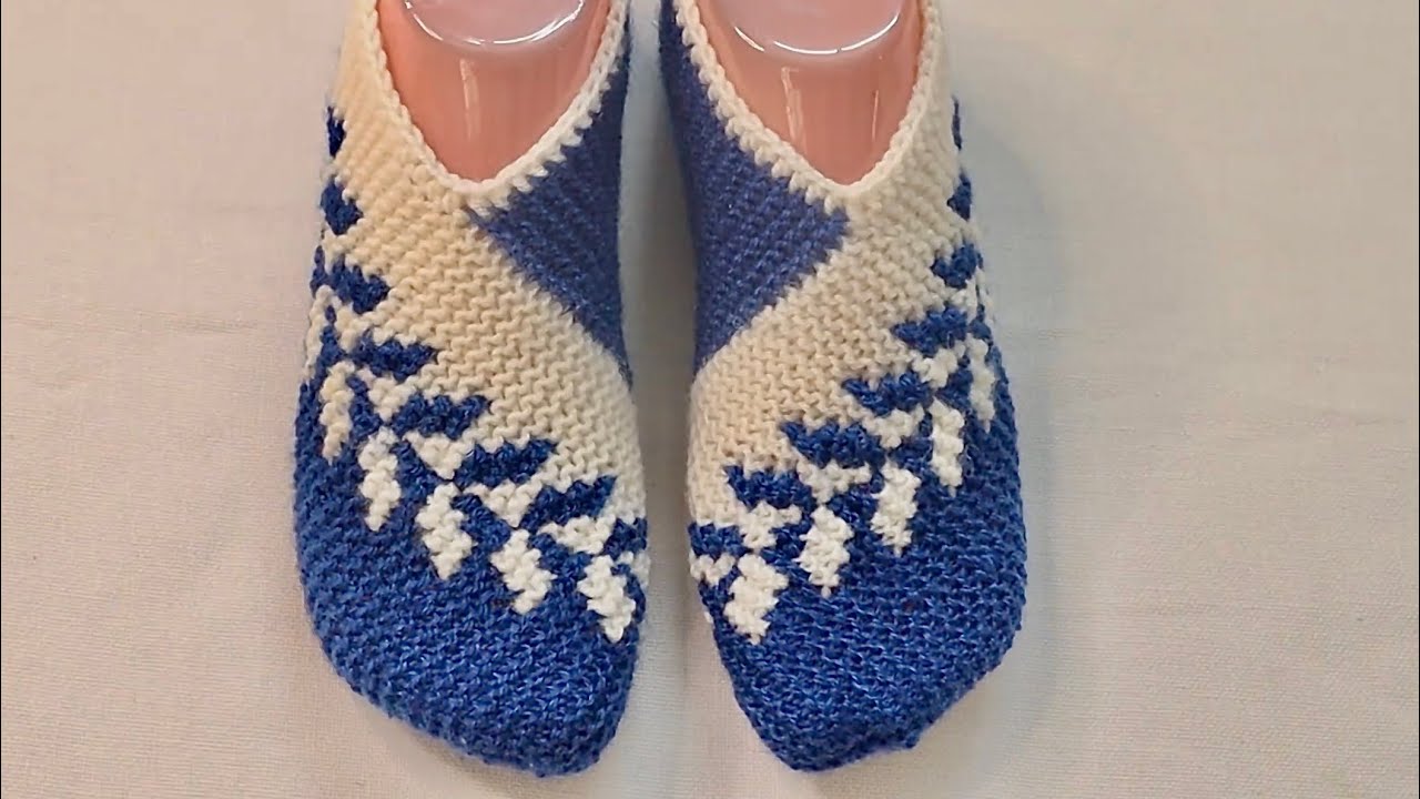 Knitted Slippers Tutorial | Blue & White V-Pattern Design | Easy DIY Knitting for Beginners