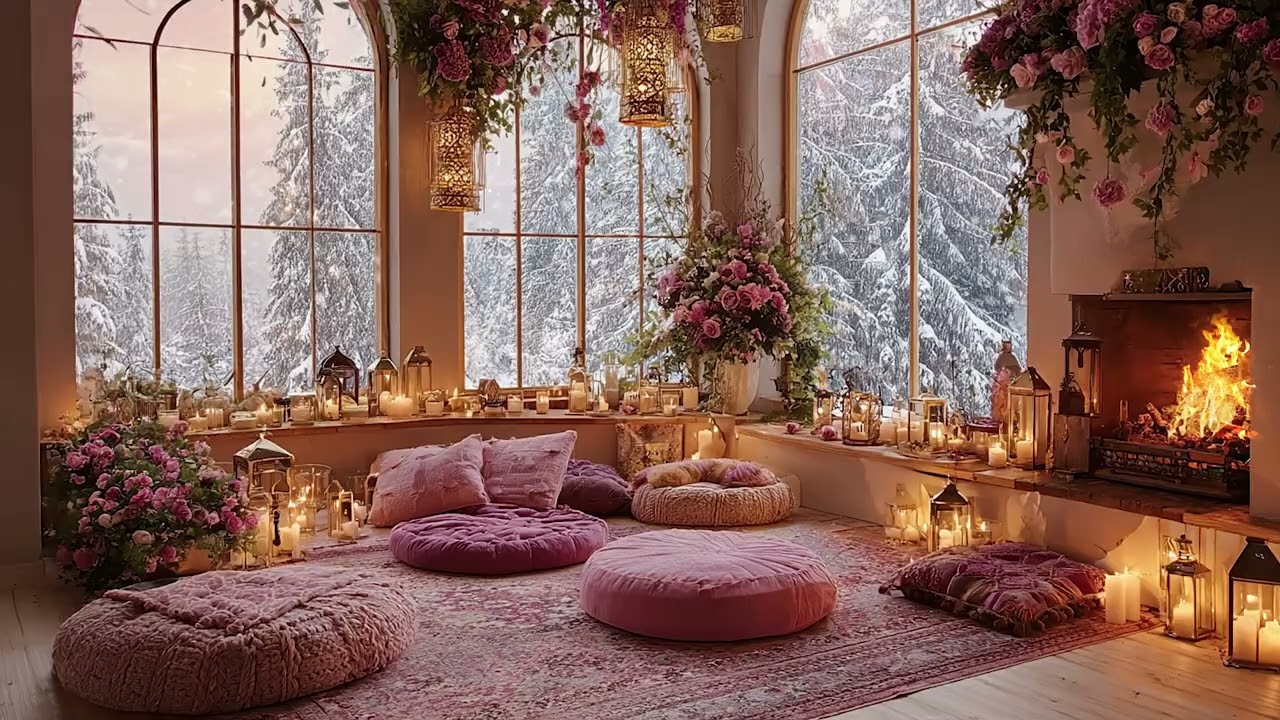 Heavy Snow and Strong Wind Outside 🌨️ Relaxing Fire Sounds in a Dark Cabin