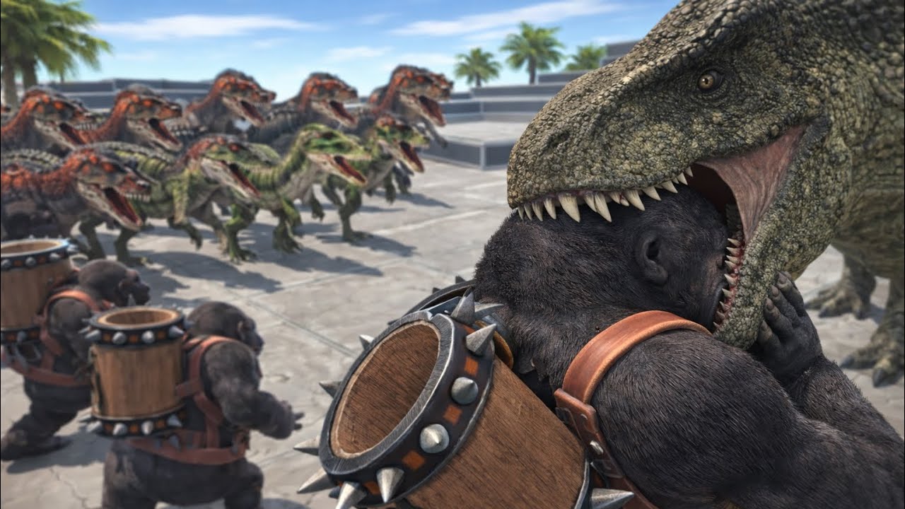 4 Gorillas vs Massive Dinosaur Horde | Challenge Map