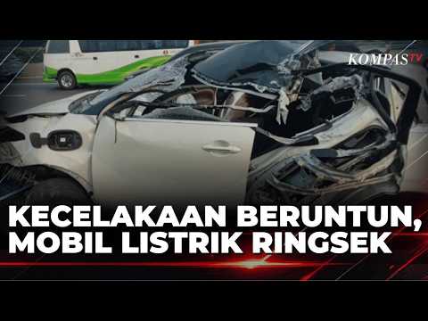 Multi-Vehicle Accident on Ancol Toll Road, Electric Car Crushed Between Truck and TransJakarta Bu...