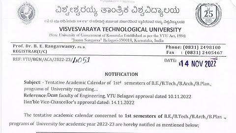 VTU | Academic Calendar of 1st semesters of B.E./B.Tech./B.Arch./B.Plan |All University Update