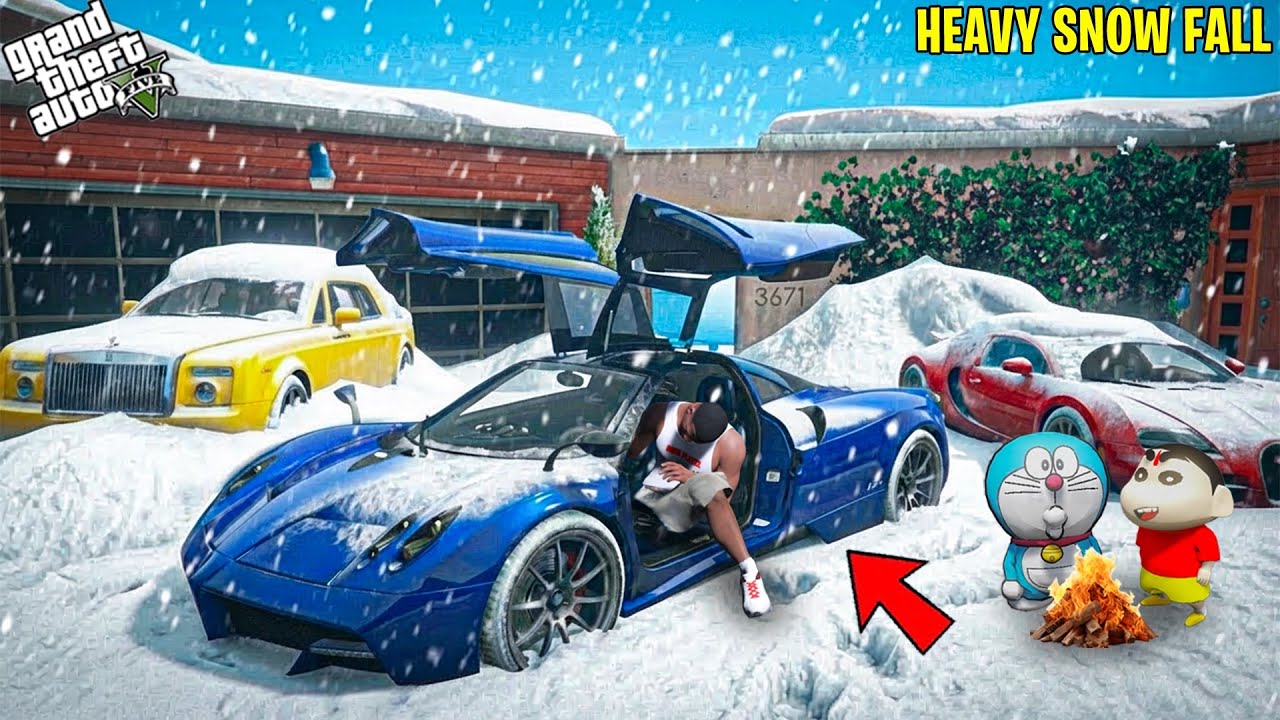 GTA V: Franklin and Shinchan Stealing SUPERCARS In Heavy SNOW Storm In GTA 5 Telugu | 