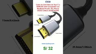 Cable de 2mt Video de Tipo C a HDMI 4K UHD Compatible con MacBook Pro/Air, S8, iPhone