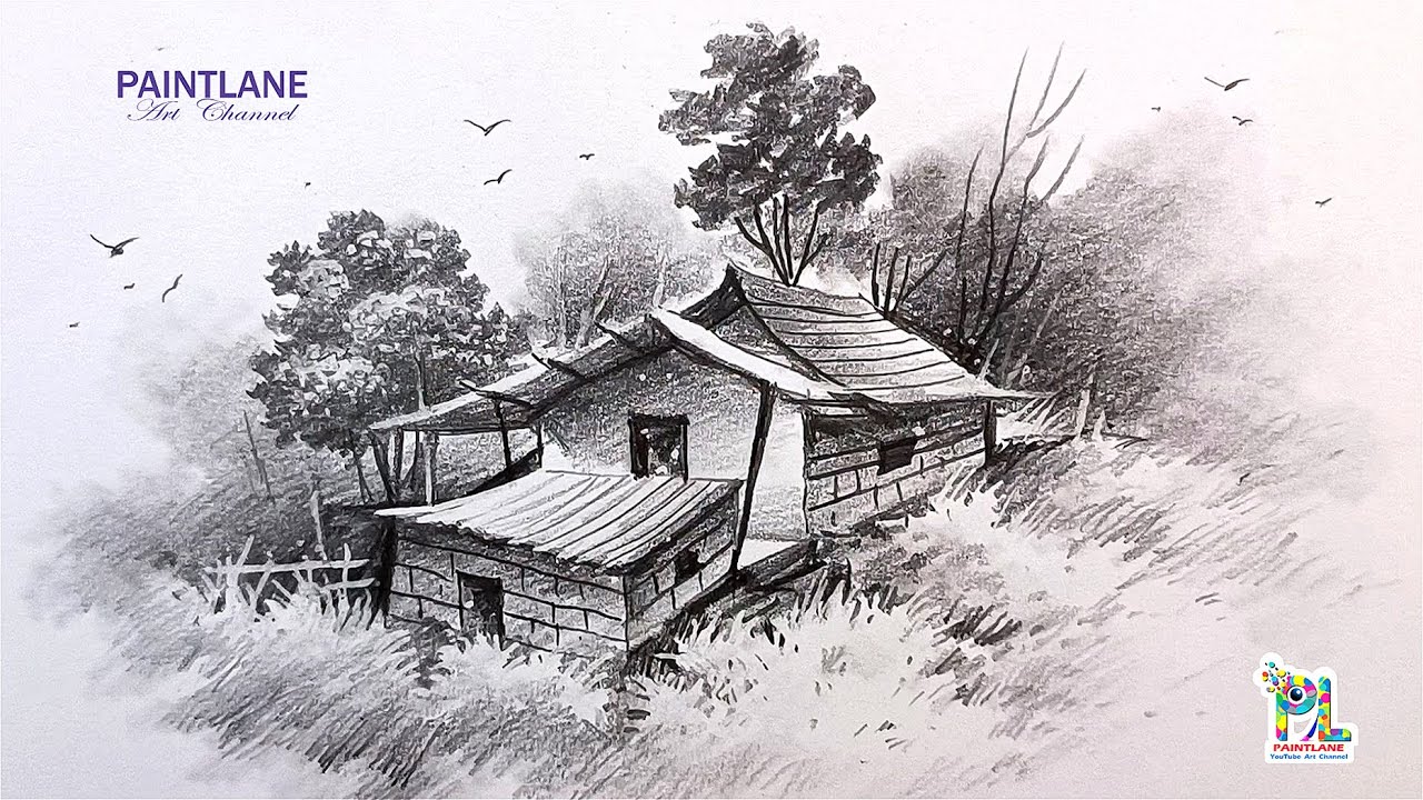 How to draw Wood and Tiled House in Landscape Pencil Art - YouTube