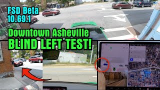 Tesla FSD Beta 10.69.1 in downtown Asheville with blind turns and pedestrians