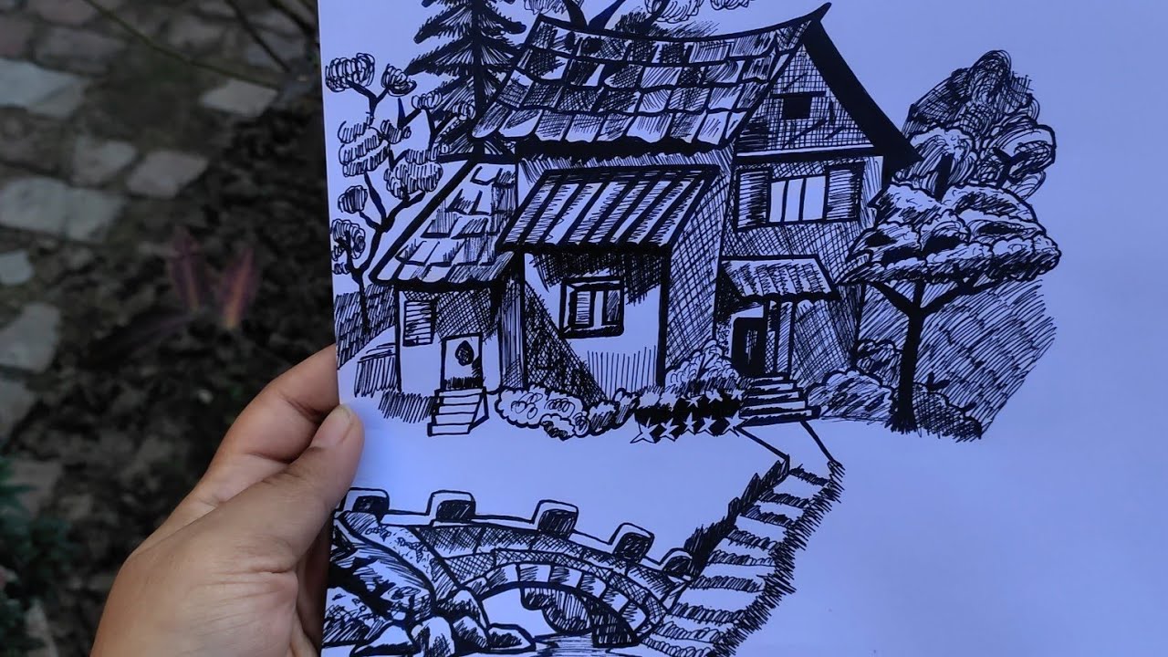 How to make Beautiful House Sketch with Black pen | Sketching | Step by Step 