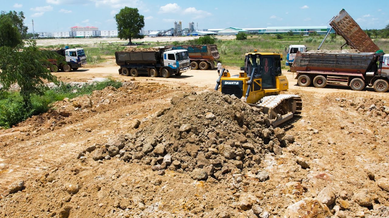 Wonderful! Land Leveling Construction Operation Bulldozer Pushing Dirt, Dump Truck Unloading Dirt