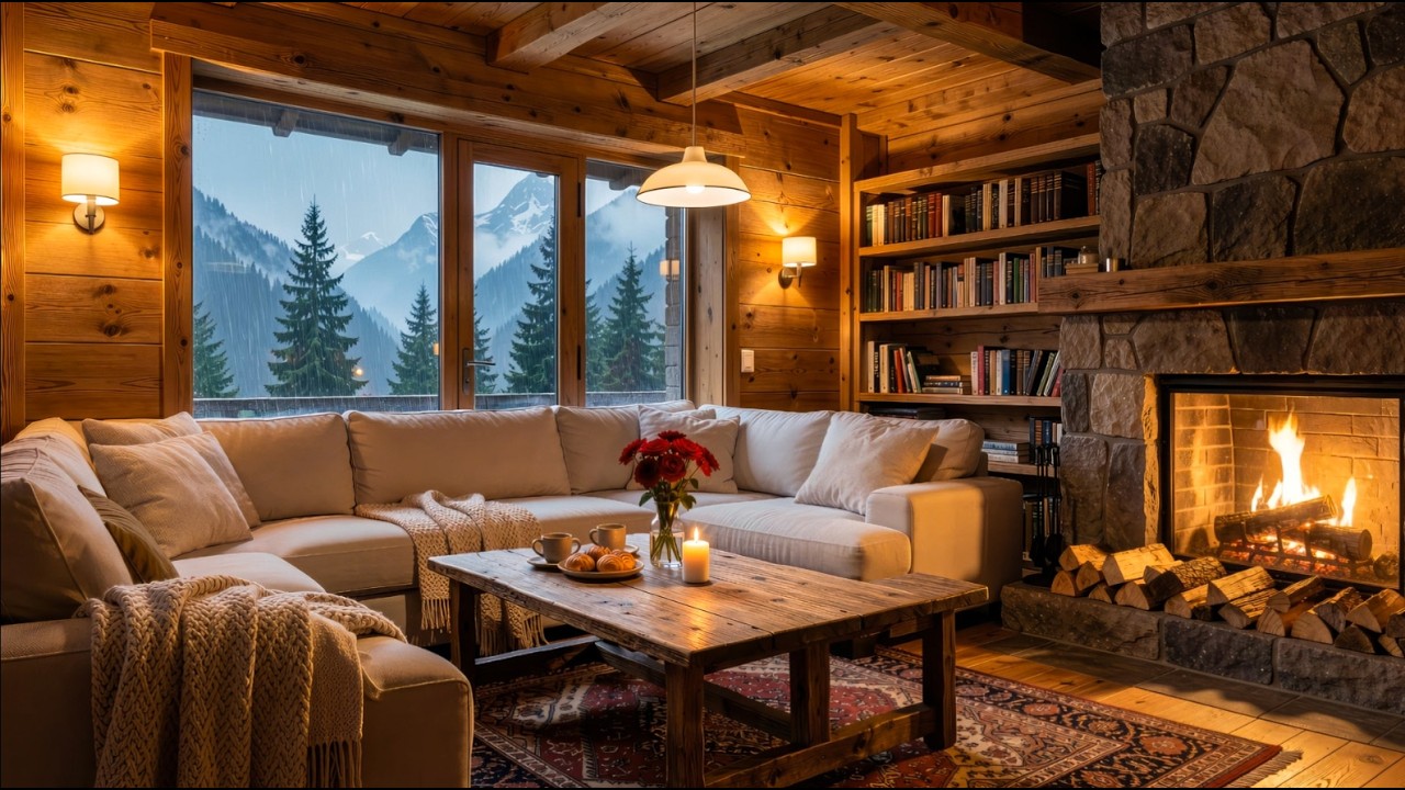 Tranquil Rainy Forest Cabin Night ☕ Warm Fireplace Lounge with Soft Jazz for Reading & Study