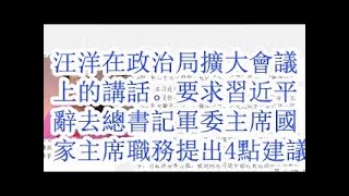 汪洋在政治局扩大会议上的讲话。要求习近平辞去总书记，军委主席，国家主席职务，提出4点建议。
