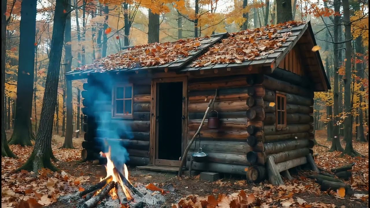 Cozy Fire Camp at a Wooden Cabin in an Autumn Forest | Warm Fall Ambience for Sleep & Relax