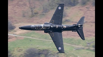 RAF Hawk T2 trainer aircraft low level training flight.